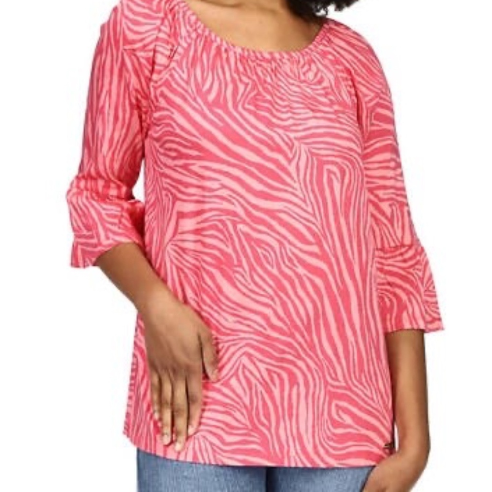 Michael Kors Women Top Shirt Blouse Zebra Print Flare Sleeve Black & Tan XL - Picture 9 of 10